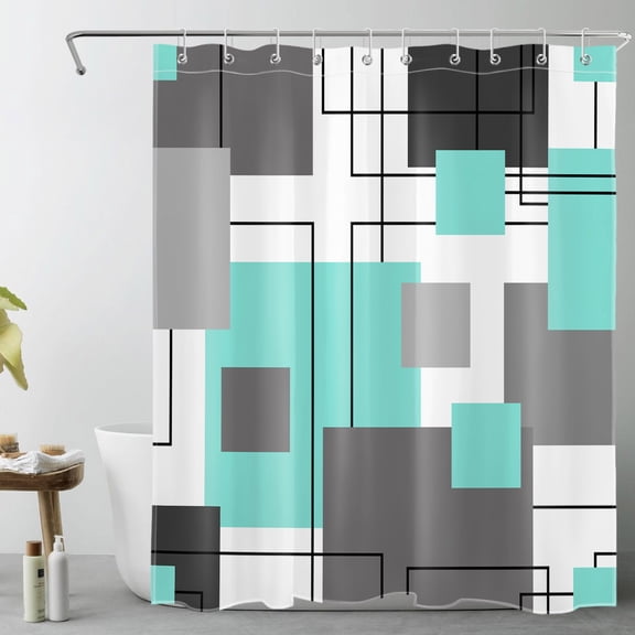 HVEST Abstract Geometric Shower Curtain, Teal Gray White Abstract Pattern Shower Curtain - Modern Geometric Bathroom Decor, Waterproof Polyester Fabric, Includes 10 Hooks, 60x72 Inches