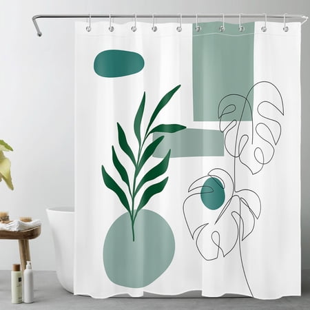HVEST Abstract Mid Century Shower Curtain,Modern Minimalist Geometric Design and Leaves Bathroom Shower Curtain Polyester Fabric Decor Curtain with Hooks, 60X72 inch