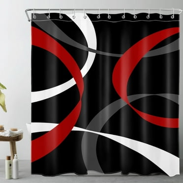 HVEST Abstract Shower Curtain, Red White and Grey Abstract Ribbon Lines on Black Background  Bathroom Shower Curtain Modern Aesthetics Polyester Fabric Decor Curtain with Hooks, 72X72 inch