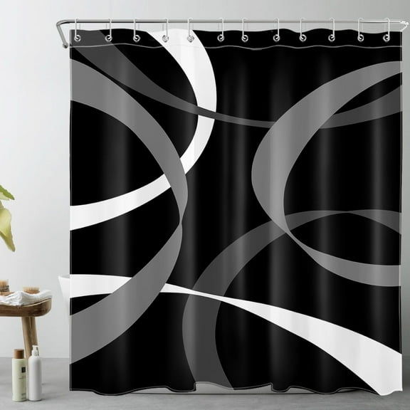 HVEST Black and White Geometric Shower Curtain, Black and Gray Abstract Line Bathroom Curtain Modern Minimalist Polyester Fabric Decor Curtain with Hooks, 72X72 inch