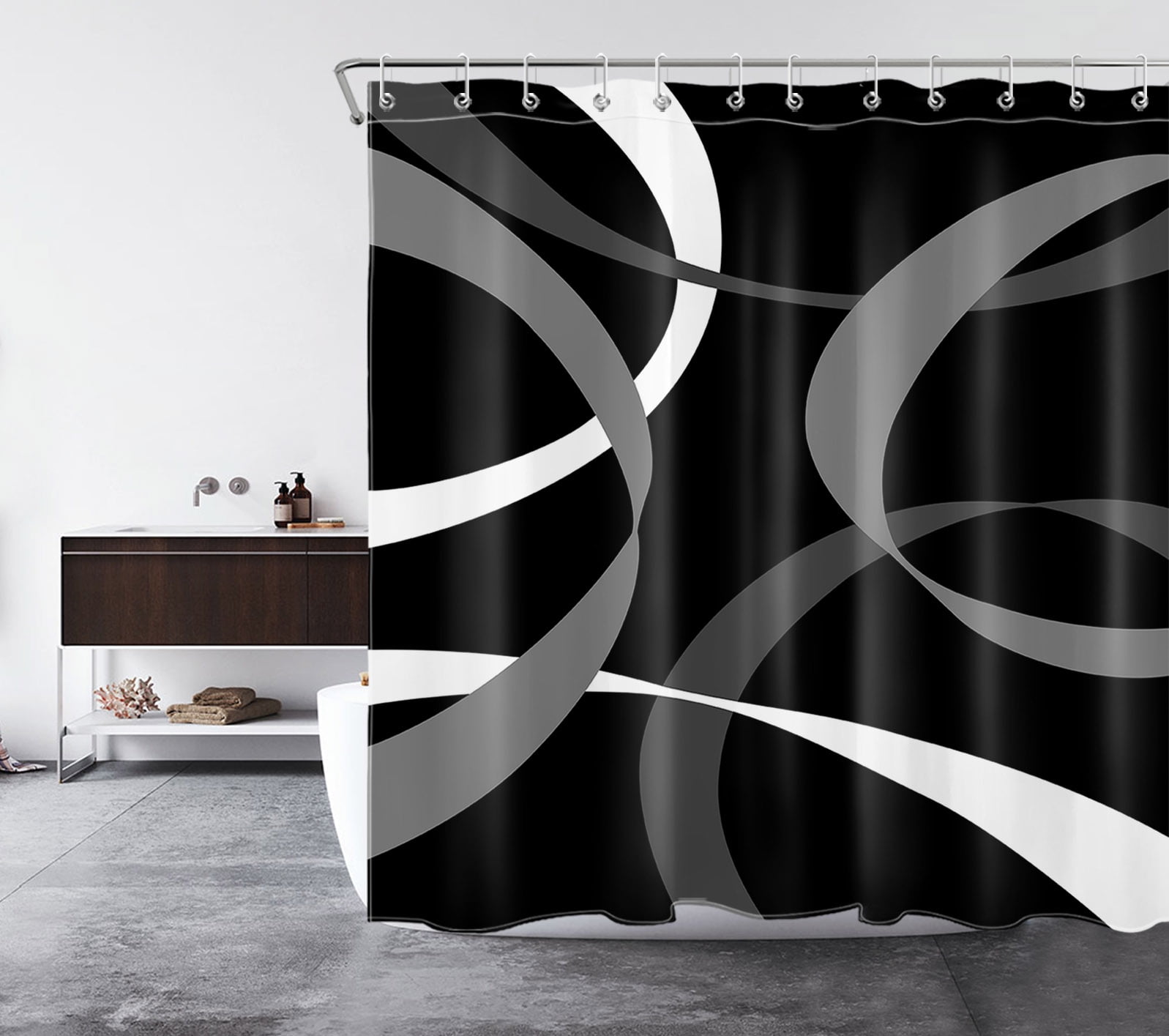 HVEST Abstract Shower Curtain, White and Grey Abstract Ribbon Lines on