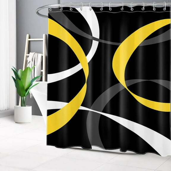 HVEST Abstract Shower Curtain,Yellow White and Grey Abstract Ribbon Lines on Black Background Bathroom Shower Curtain Modern Aesthetics Polyester Fabric Decor Curtain with Hooks, 72X78 inch