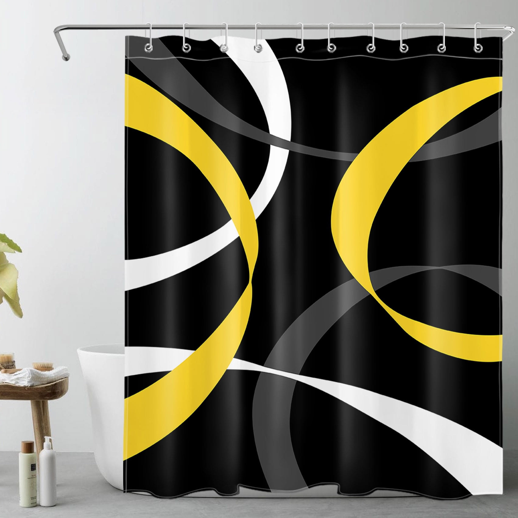 HVEST Abstract Shower Curtain,Yellow White and Grey Abstract Ribbon