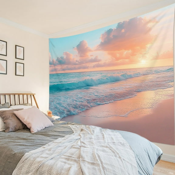 HVEST Beach Coastal Tapestry Wall Hanging Teal Ocean Wave and Pink Cloud Wall Tapestry for Bedroom Nature Seaside Tapestry for Living Room College Dorm Home Decor,92.5x70.9 inch
