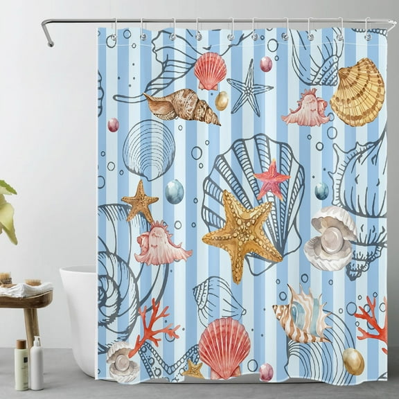 HVEST Beach Seashell Shower Curtain with Nautical Starfish and Coral Conch Design - Blue Vertical Striped Bathroom Decor, Waterproof Polyester Fabric, Includes 10 Hooks, 60x72 Inches