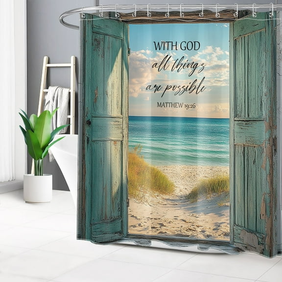 HVEST Beach Sunshine Barn Door Shower Curtain with Coastal Seaside and Bible Verse Design - Rustic Vintage Bathroom Decor, Waterproof Polyester Fabric, Includes 12 Hooks, 72x72 Inches