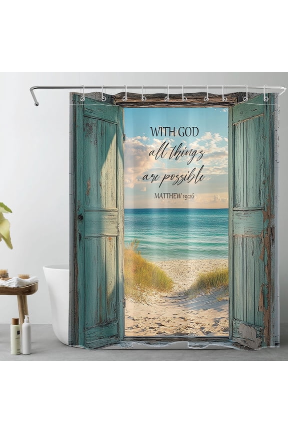 Beach Sunshine Barn Door Shower Curtain with Coastal Seaside and Bible Verse Design - Rustic Vintage Bathroom Decor, Waterproof Polyester Fabric, Includes 10 Hooks, 60x72 Inches