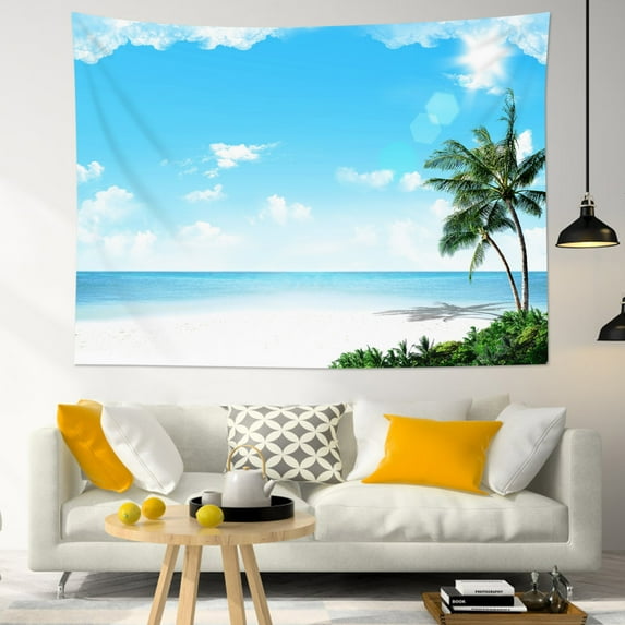 HVEST Beach Tapestry Blue Ocean Tapestries Wall Hanging Palm Tree on Tropical Beach Tapestry for Bedroom Living Room Dorm Party Wall Decor, 60W X 40L Inches