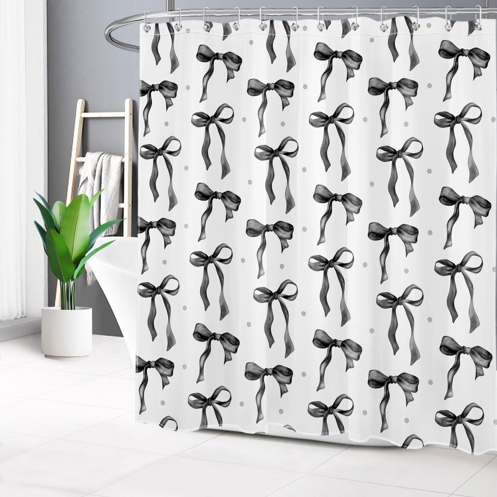 HVEST Black Bow Shower Curtain with Black and White Design - Modern Simple Aesthetic Bathroom Decor, Waterproof Polyester Fabric, Includes 12 Hooks, 72x78 Inches