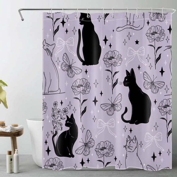 HVEST Black Cat Shower Curtain with Cute Cat and Floral Butterfly Bow Design - Purple and Black Bathroom Decor, Waterproof Polyester Fabric, Includes 10 Hooks, 60x72 Inches