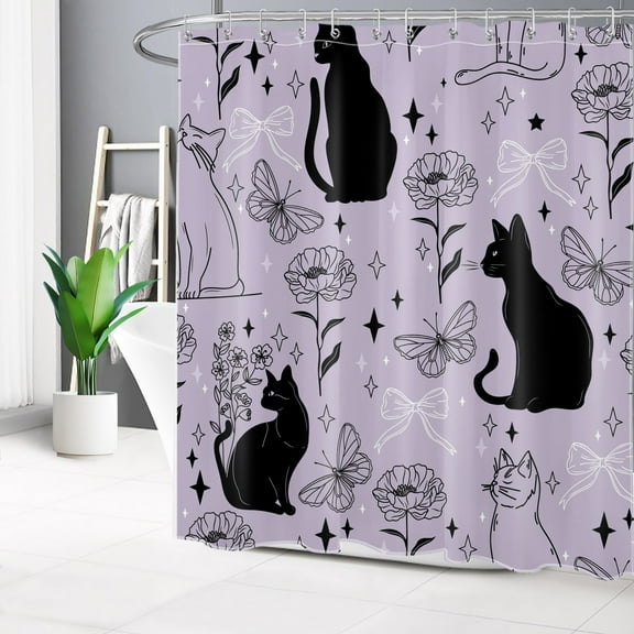 HVEST Black Cat Shower Curtain with Cute Cat and Floral Butterfly Bow Design - Purple and Black Bathroom Decor, Waterproof Polyester Fabric, Includes 12 Hooks, 72x72 Inches
