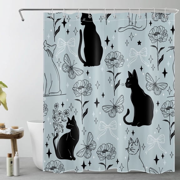 HVEST Black Cat Shower Curtain with Funny Cat and Floral Butterfly Bow Design - Blue and Black Bathroom Decor, Waterproof Polyester Fabric, Includes 10 Hooks, 60x72 Inches