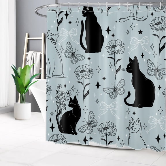 HVEST Black Cat Shower Curtain with Funny Cat and Floral Butterfly Bow Design - Blue and Black Bathroom Decor, Waterproof Polyester Fabric, Includes 12 Hooks, 72x72 Inches
