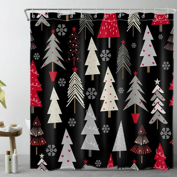 HVEST Black Christmas Shower Curtain Decor, Grey and Red Xmas Tree with Snowflake Winter Holiday Shower Curtain for Bathroom 69X70 inch Polyester Fabric Bathroom Decoration Bath Curtains Hooks Include