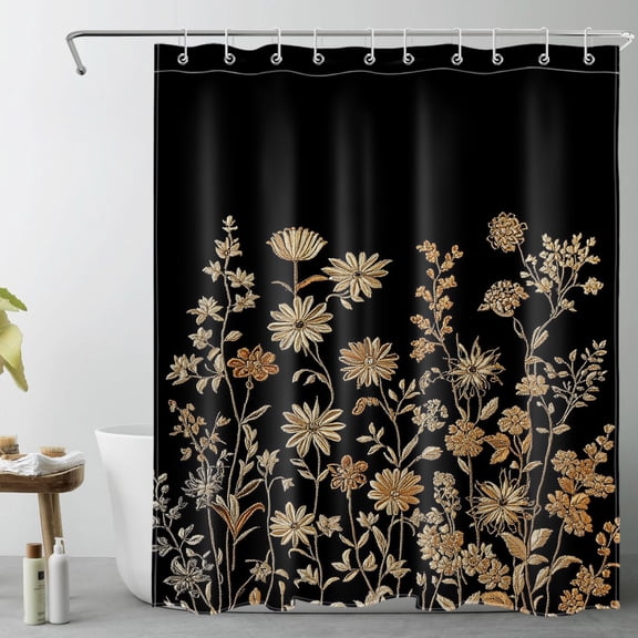 HVEST Black and Gold Floral Shower Curtain with Vintage Wildflower Elegant Flower Design - Modern Black Bathroom Decor, Waterproof Polyester Fabric, Includes 10 Hooks, 60x72 Inches