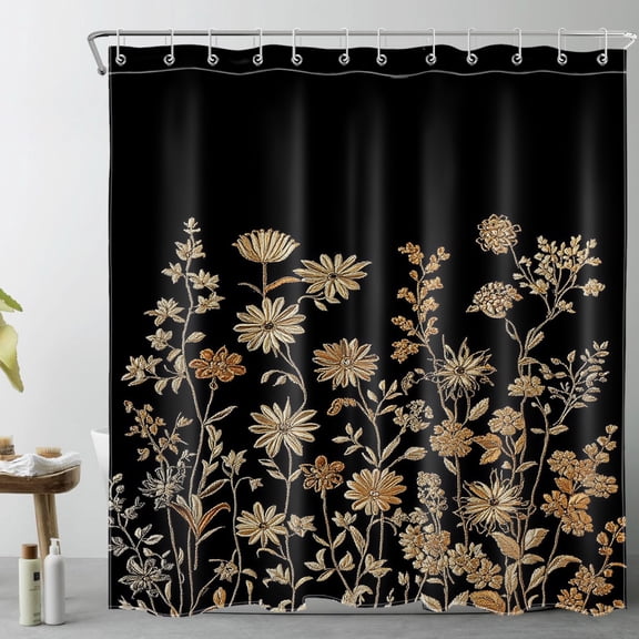 HVEST Black and Gold Floral Shower Curtain with Vintage Wildflower Elegant Flower Design - Modern Black Bathroom Decor, Waterproof Polyester Fabric, Includes 12 Hooks, 72x72 Inches