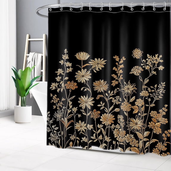HVEST Black and Gold Floral Shower Curtain with Vintage Wildflower Elegant Flower Design - Modern Black Bathroom Decor, Waterproof Polyester Fabric, Includes 12 Hooks, 72x78 Inches