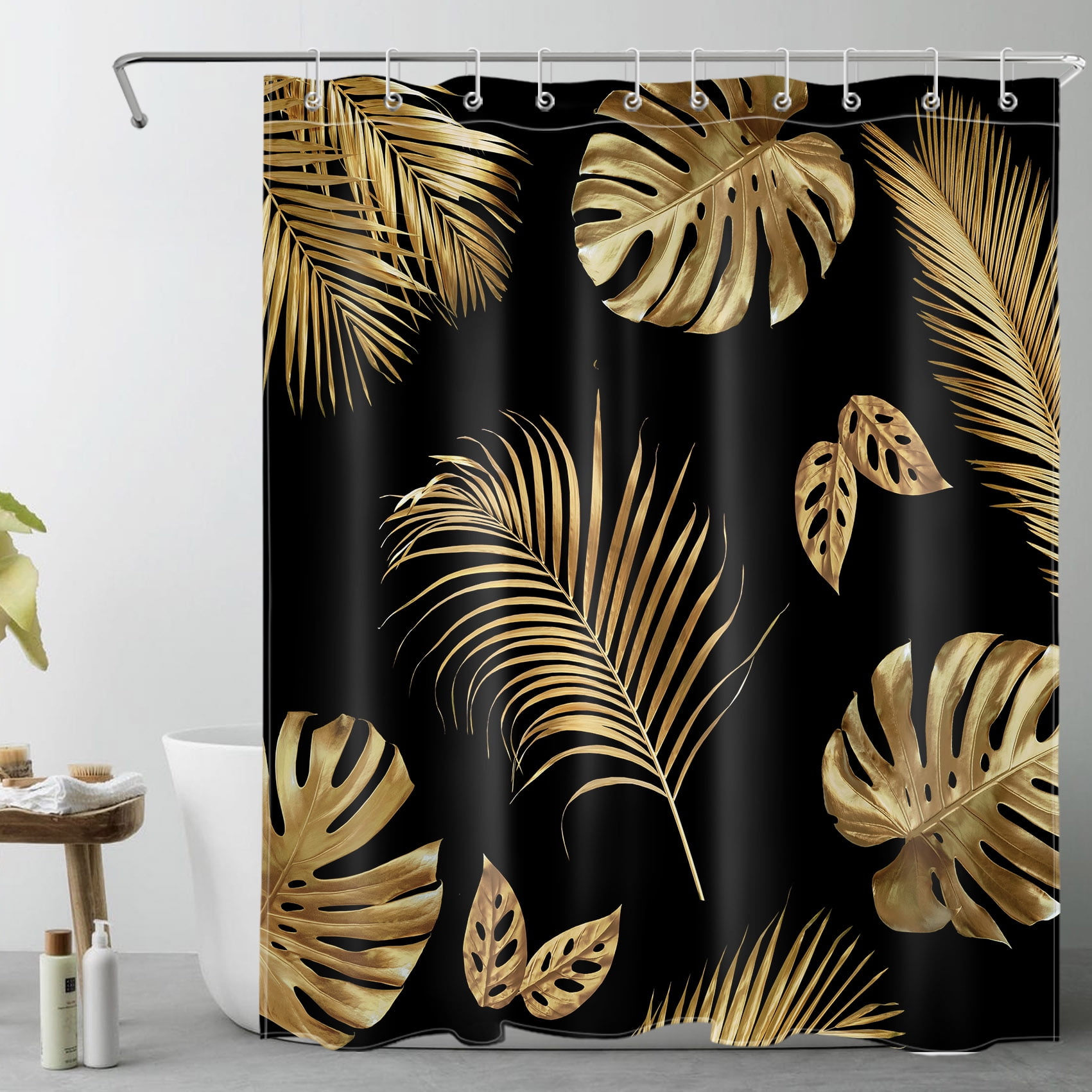 HVEST Black and Gold Shower Curtain Tropical Plant Palm Leaf with Monstera Leaf Bathroom Curtain