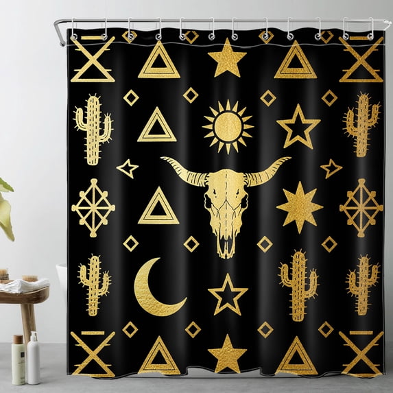 HVEST Black Western Shower Curtain with Boho Cactus and Bull Skull Design - Geometric Pattern Bathroom Decor, Waterproof Polyester Fabric, Includes 12 Hooks, 72x72 Inches