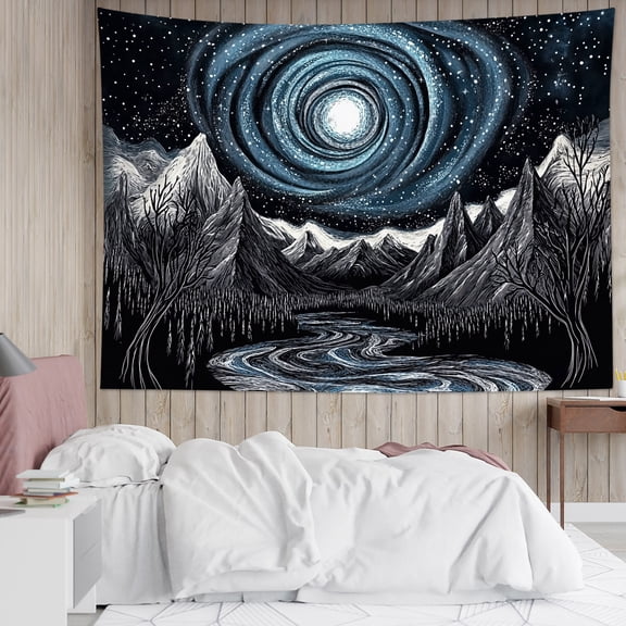 HVEST Black and White Mountain Tapestry Wall Hanging Galaxy Sky Forest Plant Wall Tapestry for Bedroom River Nature Landscape Tapestry for Living Room College Dorm Home Decor,59x51 inch
