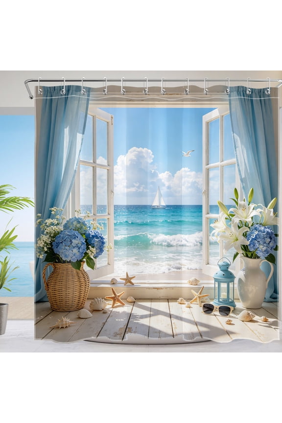 Blue Beach Ocean Shower Curtain, Hydrangea Floral Summer Coastal Shower Curtain - Starfish Seashell Bathroom Decor, Waterproof Polyester Fabric, Includes 12 Hooks, 72x78 Inches