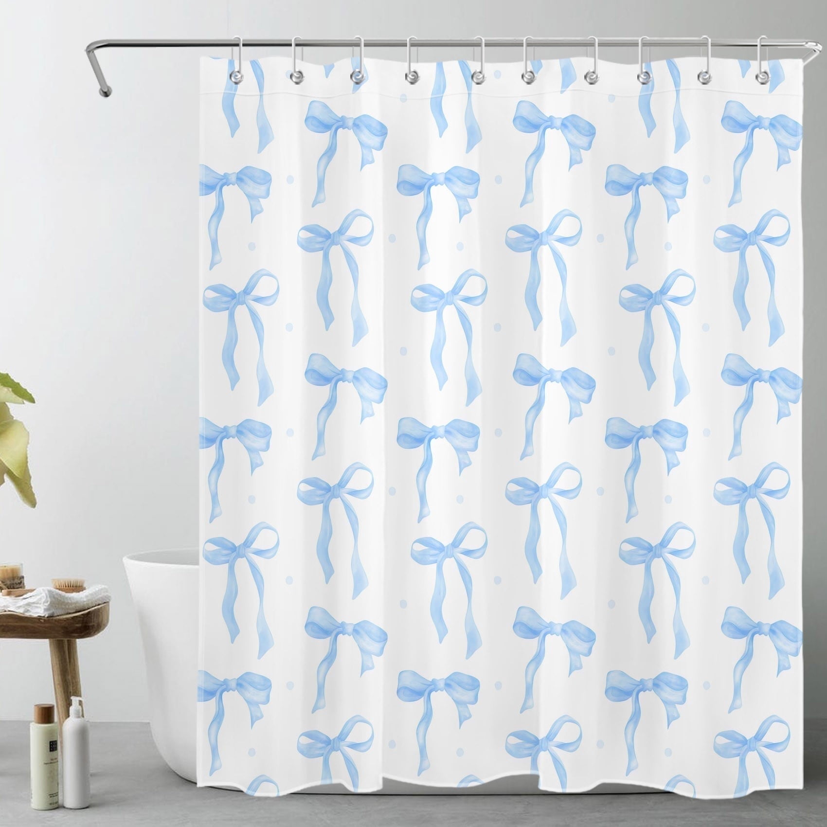 HVEST Blue Bow Shower Curtain Blue and White Shower Curtain - Modern Simple Aesthetic Bathroom Decor, Waterproof Polyester Fabric, Includes 10 Hooks, 60x72 Inches