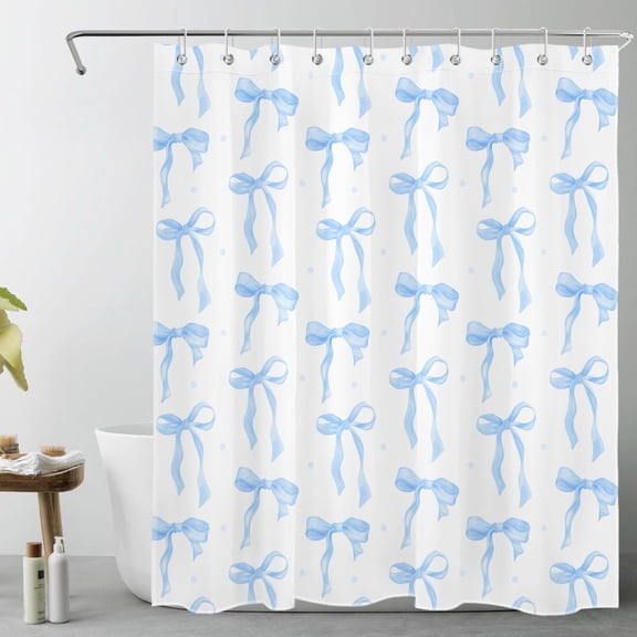 HVEST Blue Bow Shower Curtain Blue and White Shower Curtain - Modern Simple Aesthetic Bathroom Decor, Waterproof Polyester Fabric, Includes 10 Hooks, 60x72 Inches