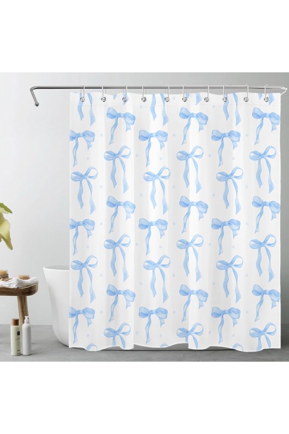 Blue Bow Shower Curtain Blue and White Shower Curtain - Modern Simple Aesthetic Bathroom Decor, Waterproof Polyester Fabric, Includes 10 Hooks, 60x72 Inches