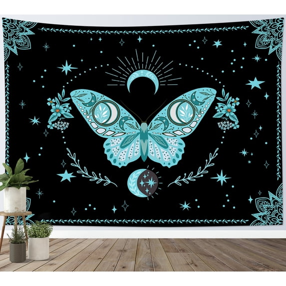 HVEST Blue Butterfly Tapestry Wall Hanging Vintage Boho Moon and Star on Black Wall Tapestry for Bedroom Aesthetic Rustic Botanical Floral Tapestry for Living Room College Dorm Decor,80Wx60H inch