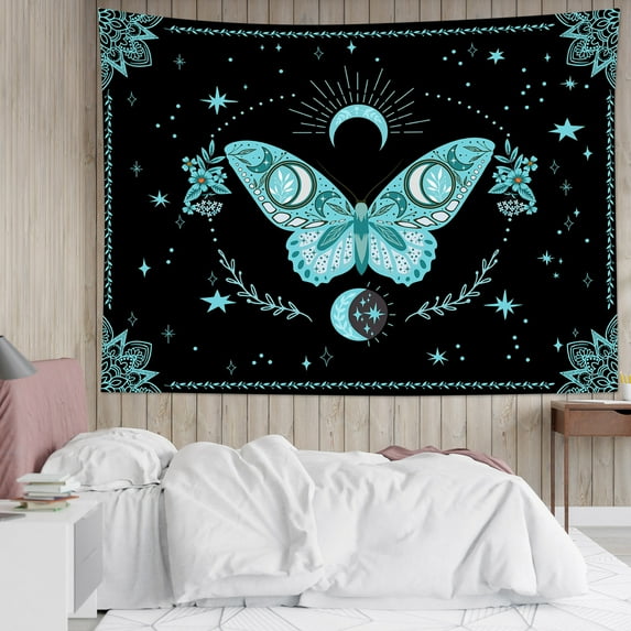 HVEST Blue Butterfly Tapestry Wall Hanging Vintage Boho Moon and Star on Black Wall Tapestry for Bedroom Aesthetic Rustic Botanical Floral Tapestry for Living Room College Dorm Decor,59Wx51H inch
