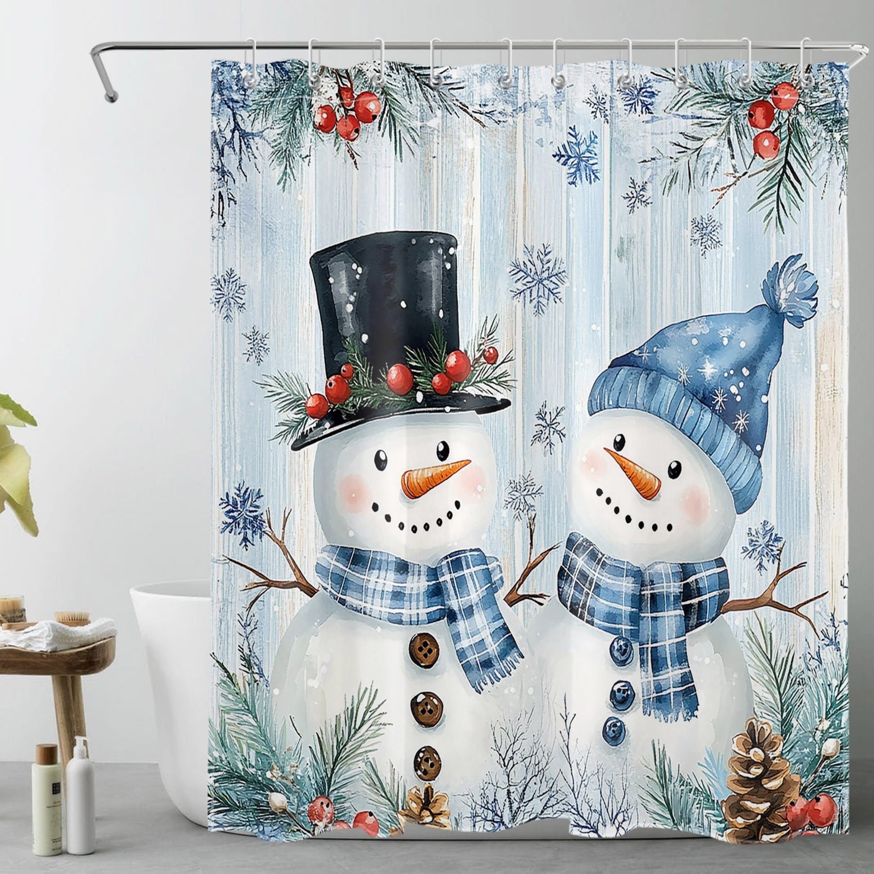 HVEST Blue Christmas Snowman Shower Curtain with Winter Snowman Snowflake Design - Blue Winter Snow Scene Bathroom Decor, Waterproof Polyester Fabric, Includes 10 Hooks, 60x72 Inches
