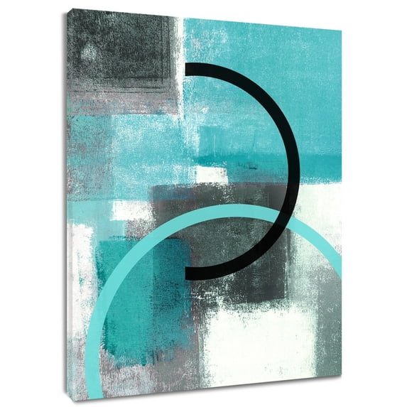 HVEST Blue and Gray Geometric Painting Picture Wall Art Abstract Vintage Black Ink Lines Canvas Wall Art Decor 12x16 Framed Painting