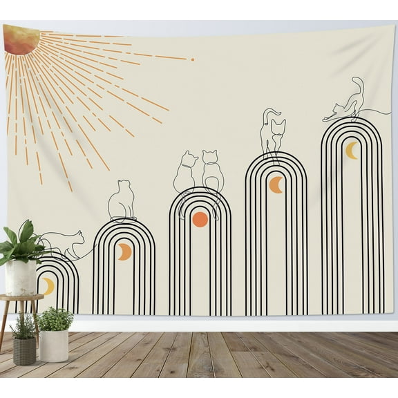 HVEST Boho Cat Tapestry Wall Hanging Abstract Modern Mid Century Wall Tapestry for Bedroom Beige Minimalist Tapestry for Living Room College Dorm Home Decor,60x40 inch