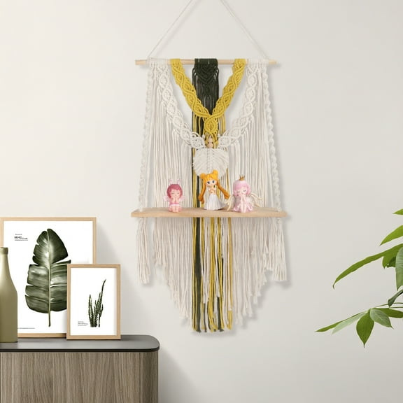 HVEST Boho Macrame Wall Hanging Tapestry, Beige Yellow Handmade Woven Floating Storage Book Plant Shelf, Boho Wall Art Tapestry for Home Decor,Shelf Organizer for Bedroom Living Room Dorm Nursery