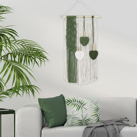 HVEST Boho Macrame Wall Hanging, Woven Tassel Tapestry with Leaf and Wooden Bead, Green White Bohemian Home Decor Modern Chic Wall Decor for Bedroom Living Room Dorm Party Apartment Nursery