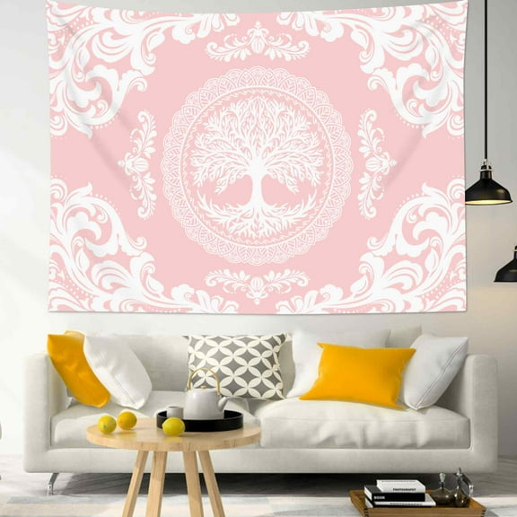 HVEST Boho Mandala Pink Tapestry Wall Hanging Cute Pastel Aesthetic Wall Tapestry for Girls Bedroom Pink and White Tapestry for Living Room College Dorm Home Decor,59x51 inch