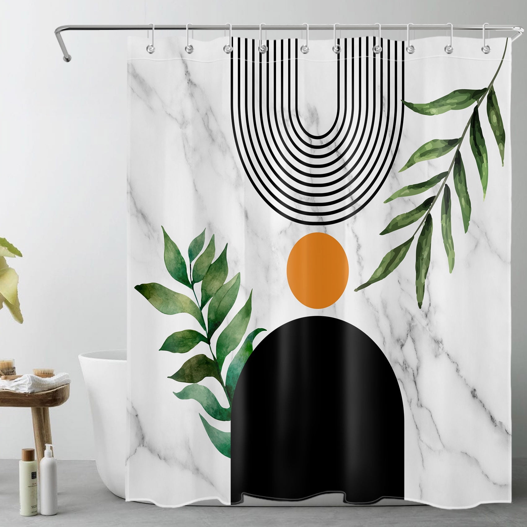 HVEST Boho Mid Century Shower Curtain Abstract Geometric Line And Green