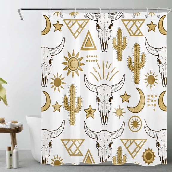 HVEST Boho Western Cow Skull Shower Curtain with Sun Moon Cactus and Bull Skull Design - White and Gold Bathroom Decor, Waterproof Polyester Fabric, Includes 10 Hooks, 60x72 Inches