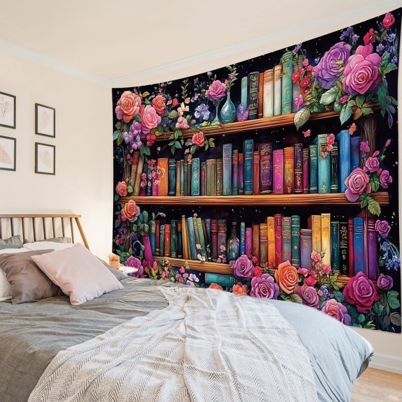 HVEST Bookshelf Floral Tapestry Wall Hanging Pink and Purple Flower Plant Wall Tapestry for Bedroom Vintage Aesthetic Tapestry for Living Room College Dorm Home Decor,92.5x70.9 inch