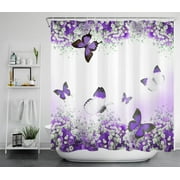 HVEST Butterfly and Flower Shower Curtain Purple Plant and Insect Bathroom Shower Curtain with Hooks Nature Landscape Polyester Waterproof Fabric Bath Decor Accessories 70x69 Inches
