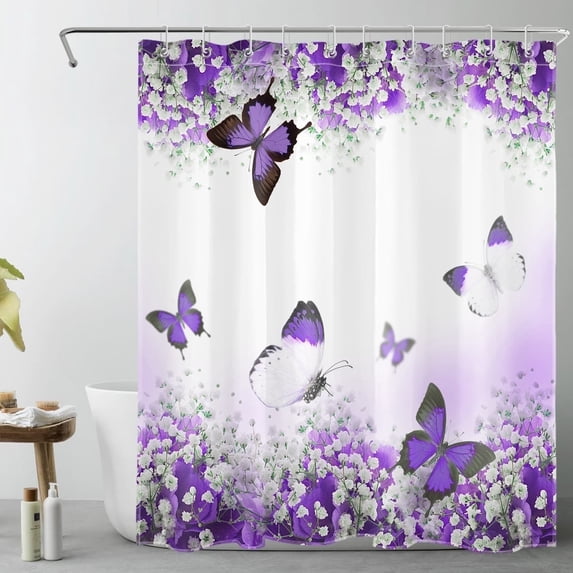 HVEST Purple Butterfly Floral Shower Curtain, Garden Flower Plant Purple Shower Curtain - Rustic Wildflower Bathroom Decor, Waterproof Polyester Fabric, Includes 10 Hooks, 60x72 Inches
