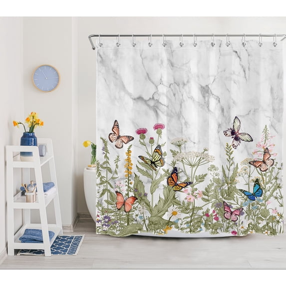HVEST Butterfly and Flower Shower Curtain,Rustic Wild Flowers and Colorful Butterflies on Marble Bathroom Shower Curtain Herb Polyester Fabric Decor Curtain with Hooks, 69X70 inch