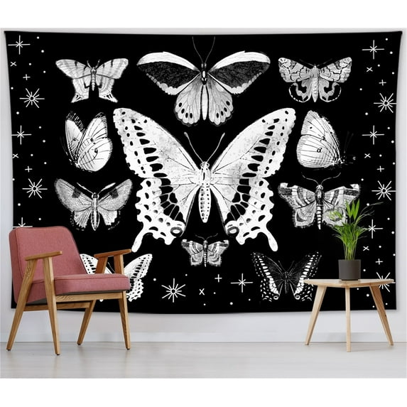 HVEST Butterfly Tapestry Black and White Moth with Starry Sky Aesthetic Tapestry Wall Hanging Hippie Black Tapestries Wall Art for Living Room Bedroom College Dorm Home Decor, 80x60 Inch