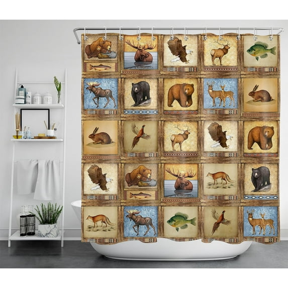 HVEST Cabin WildLife Shower Curtain, Retro Farmhouse Cabin Animals Black Bear Elk Reindeer Fox Shower Curtain Rustic Style Bathroom Polyester Fabric Decor Curtain with Hooks,72X72 inch