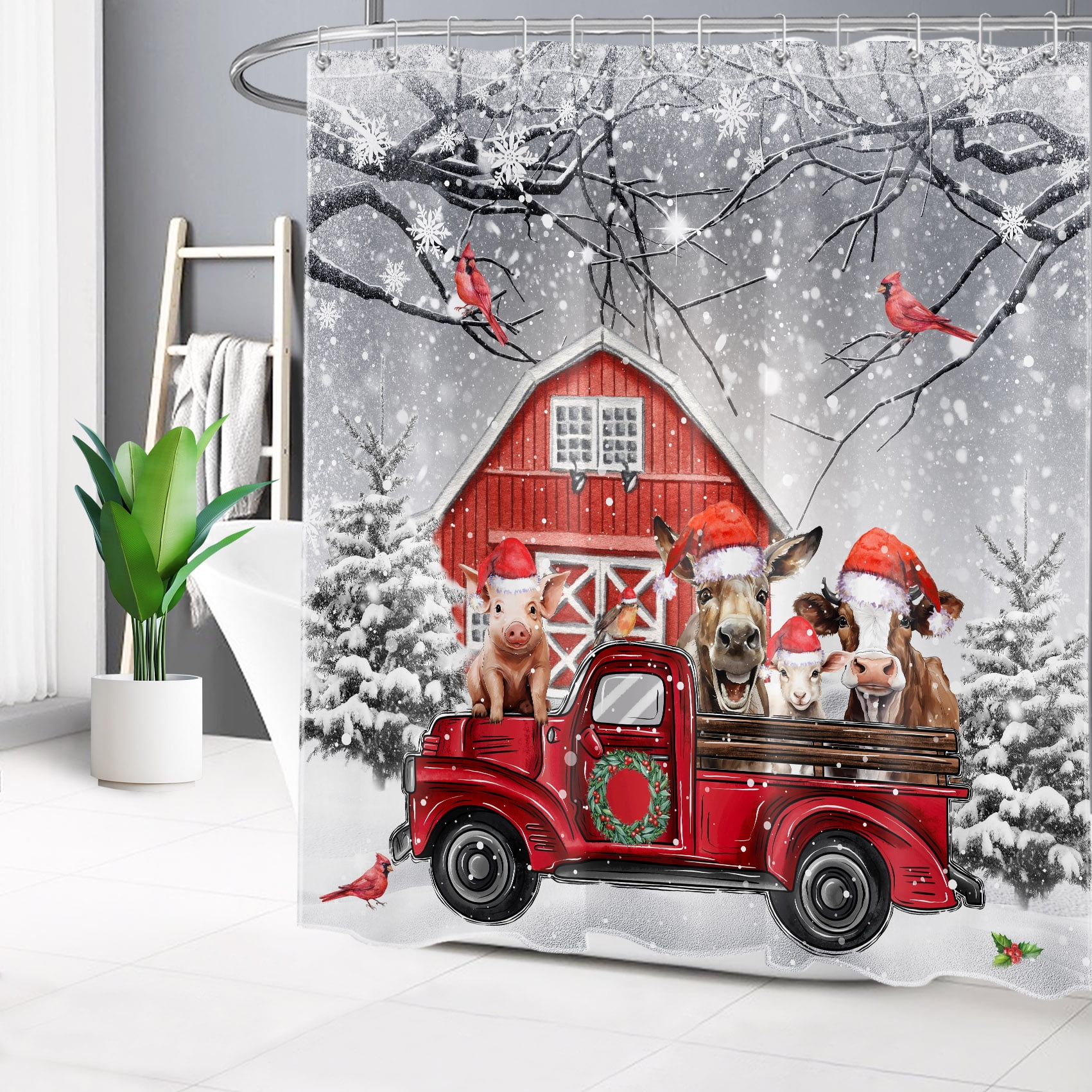 HVEST Christmas Red Truck Shower Curtain for Bathroom, Farm Animal with