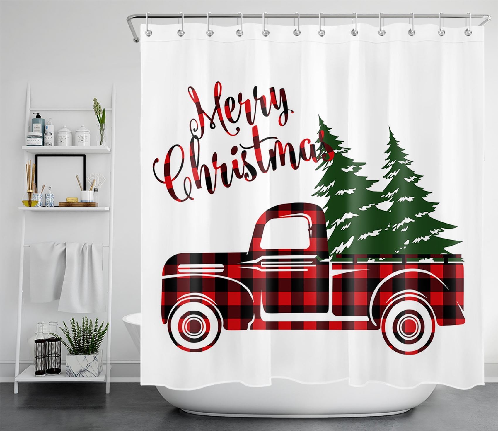 HVEST Christmas Shower Curtain Xmas Tree on Red and Black Checkered