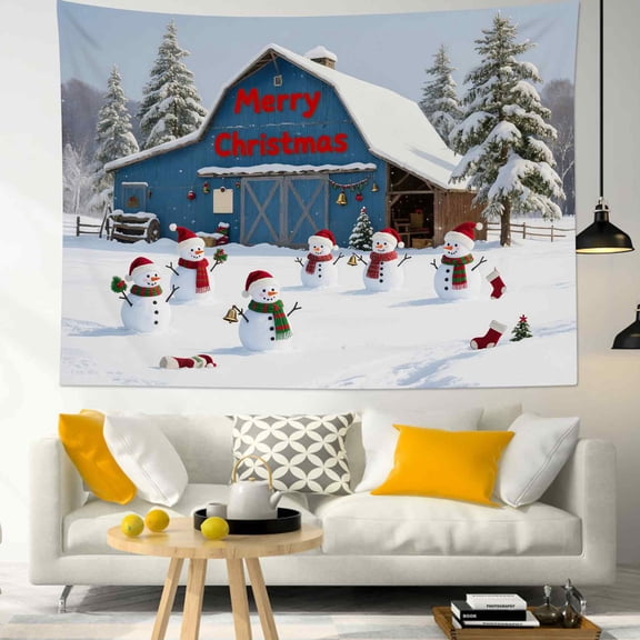 HVEST Christmas Snowman Barn Tapestry Wall Hanging Winter Snow and Pine Tree Wall Tapestry for Bedroom Merry Christmas Tapestry for Living Room College Dorm Home Decor,59x51 inch
