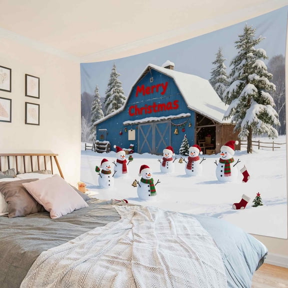 HVEST Christmas Snowman Barn Tapestry Wall Hanging Winter Snow and Pine Tree Wall Tapestry for Bedroom Merry Christmas Tapestry for Living Room College Dorm Home Decor,92.5x70.9 inch