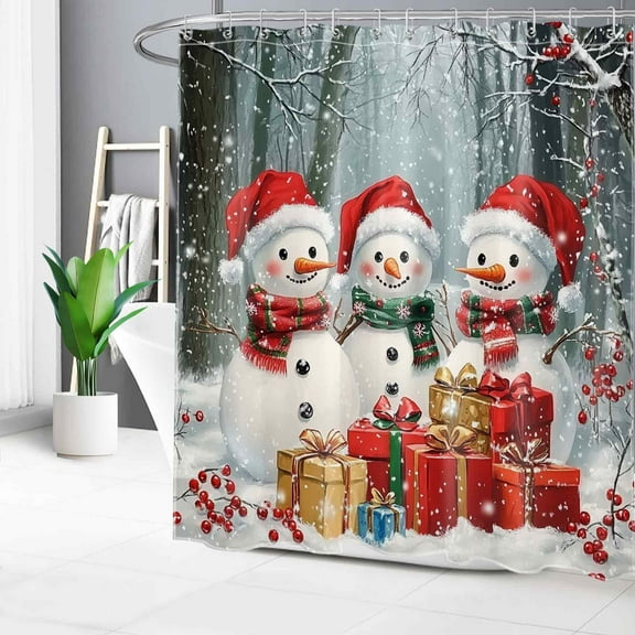 HVEST Christmas Snowman Shower Curtain with Cute Snowman and Snowflake Gift Design - Winter Forest Bathroom Decor, Waterproof Polyester Fabric, Includes 12 Hooks, 72x78 Inches