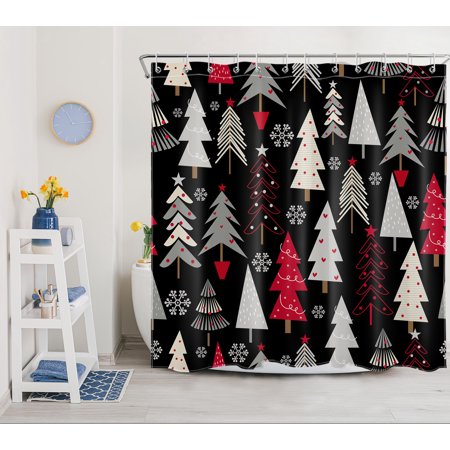 HVEST Christmas Tree Shower Curtain for Bathroom Red Gray Xmas Trees and Snowflake on Black Bathroom Shower Curtains with Hooks, Winter Holiday Bathroom Curtains Shower Set 72x78 inch